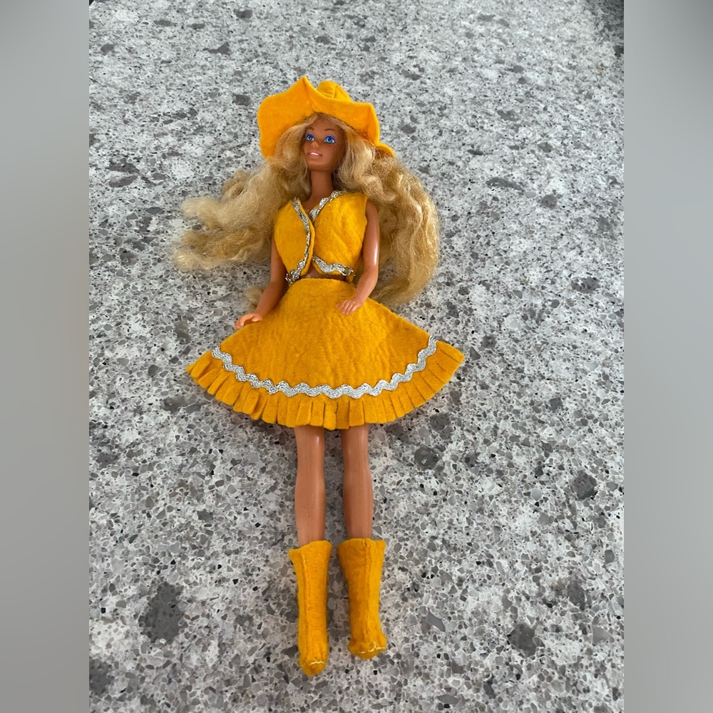 Vintage 70’s Handmade Barbie Clone Yellow Cowgirl Outfit With Accessories